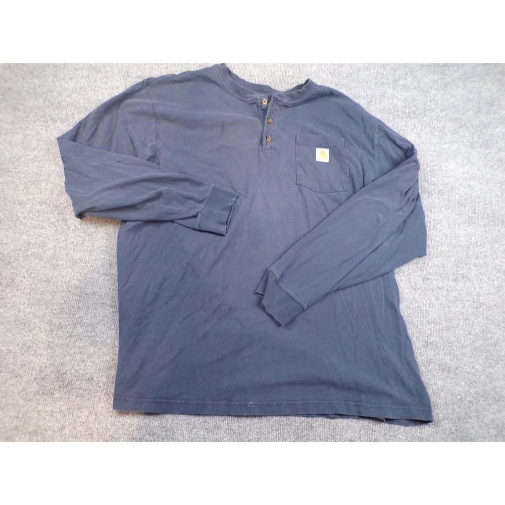 Carhartt Mens 2XL Navy Blue Long Sleeve‎ Henley Shirt Original Fit Distressed
